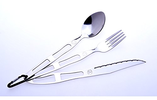 LAGUIOLE - 2 Juegos de 3 Cubiertos de Viaje Relacionados con un mosquetón: un Tenedor, un Cuchillo dentado, una Cuchara - Ideal para picnics - Acero Inoxidable - Gris