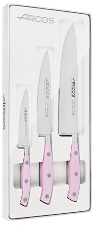 Arcos Set Cuchillos Cocina Profesionales Forjados en Acero Inoxidable. Juego de 3 Cuchillos (Pelador 100 mm + Cocinero 150 mm + Cocinero 200 mm). Mango Ergonómico Rosa en Polioximetileno. Riviera Rose