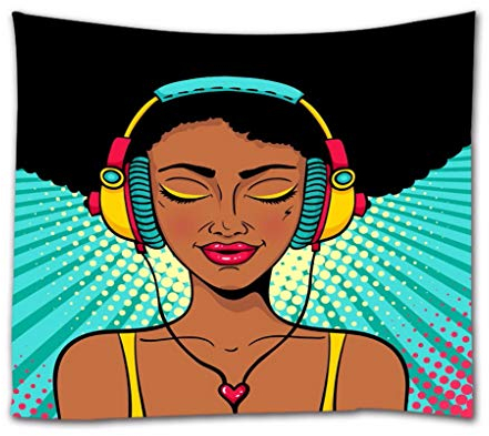 A.Monamour Wandteppiche Afro Schwarze Haare Afrikanische Frau Mit Kopfhörern Musik Pop-Art-Druck Boho Hippie Mandala Gobelin Wandbehänge Vorhang Tagesdecke
