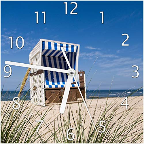 Wallario Design-Wanduhr Strandkorb aus Glas, Motiv-Uhr Größe 20 x 20 cm, weiße Zeiger