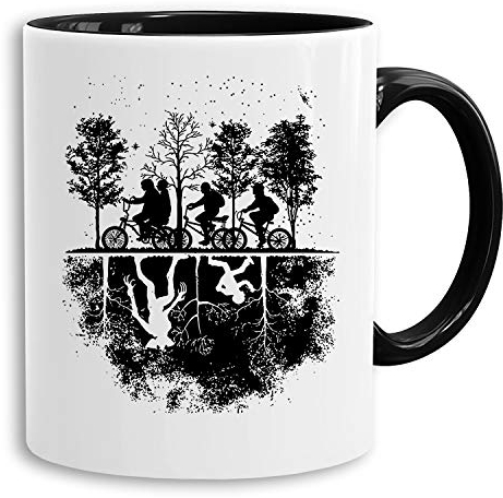 Stranger Up Down - Tasse Kaffeetasse Things Demogorgon Elfie Dustin Jane Hopper Upside Down tv blu-ray dvd, Farbe:Weiß