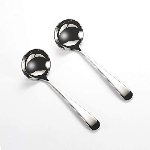 Wenkoni Kleine Suppenkelle, Soßenkelle, Soßenkelle, Suppenlöffel, Schöpflöffel, 2 Stück, SUS 304, nicht magnetischer Edelstahl, 19,3 cm, runde Schöpflöffel (Farbe: Silber).