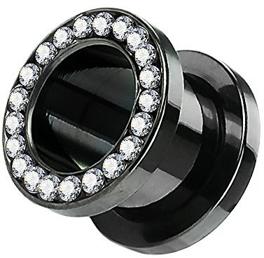 Taffstyle Flesh Tunnel Ohr Piercing Ear Plug Ohrpiercing Schraub Edelstahl Titan mit Schraubverschluss Zirkonia Kristallen Strass Steinen 16mm Schwarz
