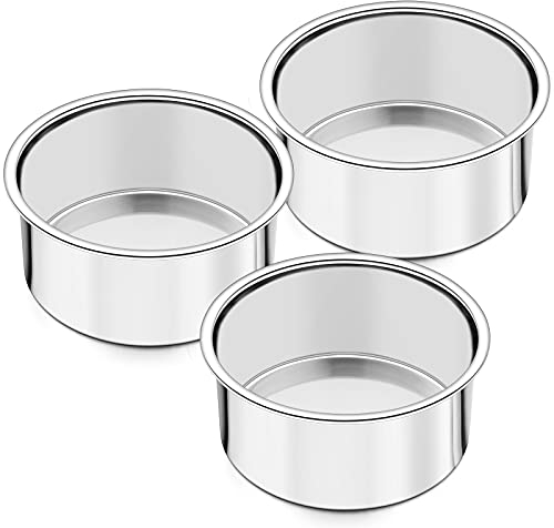 Joyfair - Molde para tartas (10 cm) para hornear, de acero inoxidable, con capa redonda, 3 unidades, para tostadora, cumpleaños, Navidad, acabado espejo, apto para lavavajillas, 10 cm