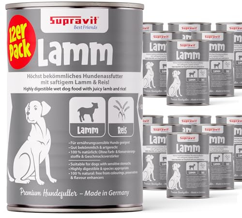 Supravit Nassfutter für Hunde 12 x 410g Hundefutter mit Lamm & Reis I | Hundefutterdosen I Hunde Nassfutter I getreidefrei I besonders gut verdaulich und verträglich für den Hund