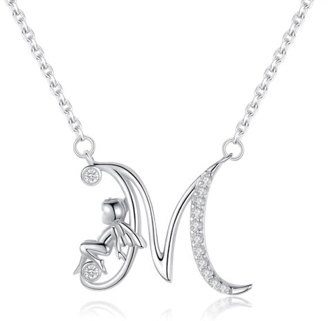 VIKI LYNN Collier Initiale pour Femme en Argent Sterling 925 Alphabets Lettre M et Collier Ange