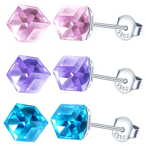 MicVivien 3 Paar Würfel form Kristal Ohrringe Damen Sterling Silber 925 Ohrstecker Hypoallergen für Frauen Mädchen Schmuck, Lila/Rosa/Blau Kristall ein Set