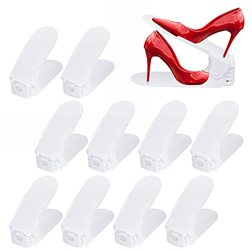 UISEBRT Einstellbare Schuhregale Schuhstapler 30 Stück Weiß, Schuhhalter platzsparend 3-Stufen-Verstellung, Schuh-Organizer Rutschfest
