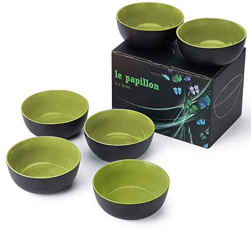 MIAMIO - 6 x 600ml Juego De Cuencos/Tazones Exterior Negro Interior De Color - Le Papillon Colección (Verde)