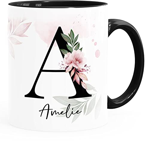 SpecialMe® Kaffee-Tasse mit Buchstabe Monogramm personalisiert mit Namen Initiale Blumen-Motiv persönliche Geschenke Blumenhintergrund Inner-Schwarz Keramik-Tasse
