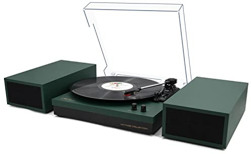 LP&No.1 Wireless Turntable with Stereo Bookshelf Speakers, Retro Record Player with Wireless Playback, 3 Speed Belt-Drive Vintage Turntable with Auto Off, Vintage Green Wood