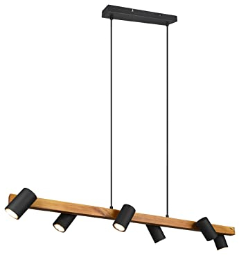 Balken Pendelleuchte 6 flammig Metall Schwarz matt mit Holzbalken, Breite 115cm