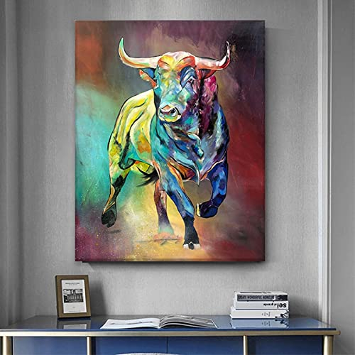 HMXQLW Leinwand Bilder Graffiti Bunter Stier Tier Poster Drucke Moderne Abstrakte Bild Malerei Poster Schlafzimmer Wohnzimmer Wanddekoration Ungerahmt (80X120CM)