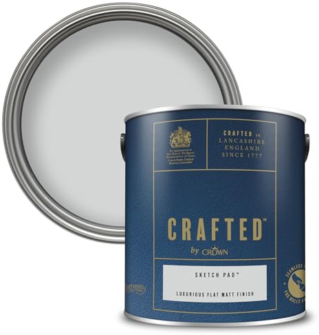 Crown CRAFTED Sketch Pad Matt Emulsion Light Grey Paint 2.5L | Pale Grey velvety flat matt finish for interior walls, ceilings & wood. Soft to touch, hides imperfections, low VOC