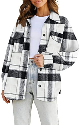 AUTOMET Tenues d'automne pour Femmes, vêtements de Mode, châssis, Flanelle à Carreaux, Chemises boutonnées, Vestes à Manches Longues, Noir et Blanc., Taille M