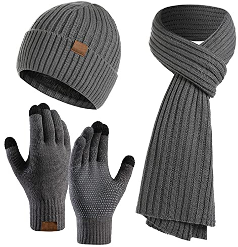 Kunyeah Mütze Schal Handschuhe Set Warm StrickmüTze Hut Lang Schal Touchscreen Handschuh Winter Accessoires für Herren Damen…