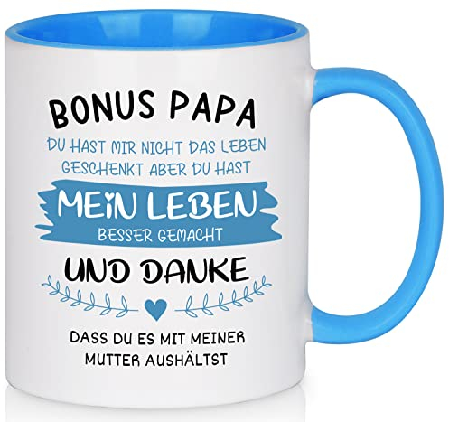 Joymaking Tasse mit Spruch - Bonus Papa - Kaffeetasse lustig Vatertagsgeschenk/Geschenkidee Geburtstag für Papa/Stiefvater Geschenk, Spülmaschinenfest Tasse, 11oz Blau