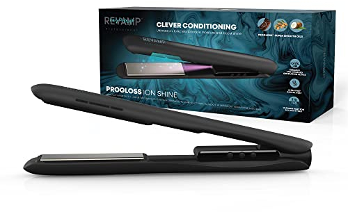 Revamp Progloss Ion Shine Keramik-Glätteisen mit Ionen-Technologie für jederzeit frizzfreie Ergebnisse, angereichert mit Progloss Smooth Keratin, Argan- und Kokosöl, verschiedene Hitzestufen, Schwarz