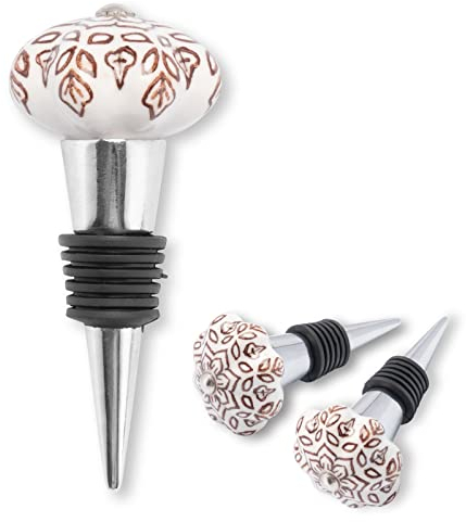 Decorasian Flaschenverschluss – Weinverschluss aus Keramik handbemalt – Vintage Weinflaschenverschluss mit Porzellan Knopf im Boho Stil - retro Flaschenstopfen Pflanzenmuster braun - 2 Stück