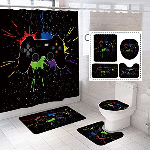 NORBEY 4-teiliges Spiel-Duschvorhang-Set, klassischer Videospiel-Controller, Badvorhang mit Anti-Rutsch-Matte, WC-Abdeckung, Teppich-Set und 12 Haken, Schwarze Spritztinte, buntes