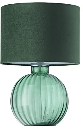 Contemporary Designer Emerald Ribbed Glass Round Table Lamp with Matching Forest Green Velvet Drum Shade | 1 x E27 60w Maximum | 42cm Height by Happy Homewares