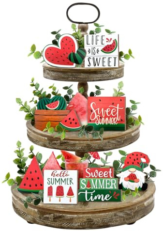 Guoofu Summer Tiered Tray Decor, Farmhouse Watermelon Tray Decorations, Hello Summer Sweet Watermelon Gnome Wooden Signs, Rustic Summer Home Decor for Table Mantel Office Holiday Party