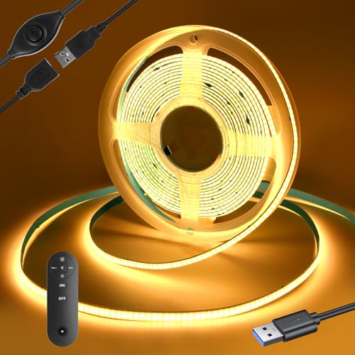 Yamlten Tira LED COB USB de 1 m 5 V (con controlador RF), 3000 K, blanco cálido, 320 LEDs/M, regulable, tira LED para retroiluminación de TV, ordenador, armario, dormitorio (fuente de alimentación
