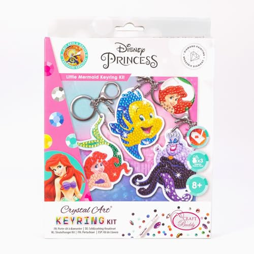 CRYSTAL ART Komplettes Set mit 3 Schlüsselanhängern, Diamant-Stickerei und zum Sammeln – Handarbeit, kreativ und spielerisch – Disney Die kleine Meerjungfrau – ab 8 Jahren – 7 x 8 cm