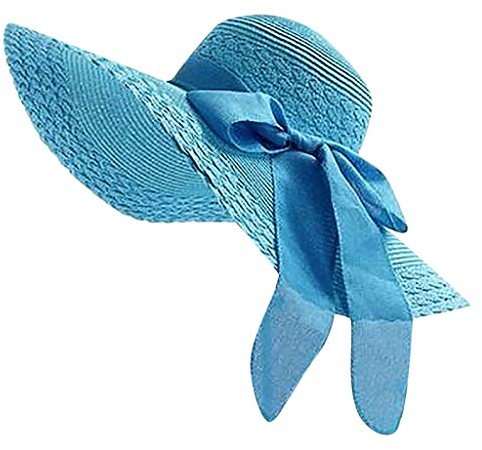 Casquette pour homme et femme - Élégant - En paille - Pour la plage et le soleil - Multicolore - Large - Floppy - Grand chapeau à bord - Pour l'été et le chat, bleu ciel, taille unique
