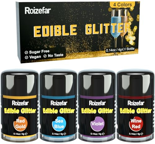 Roizefar Paillettes Comestibles - 4 Couleurs x 4 g, Colorant Alimentaire pour Boissons, Paillettes Alimentaires pour Cocktail, Gâteaux, Crème, Muffins, Chocolats