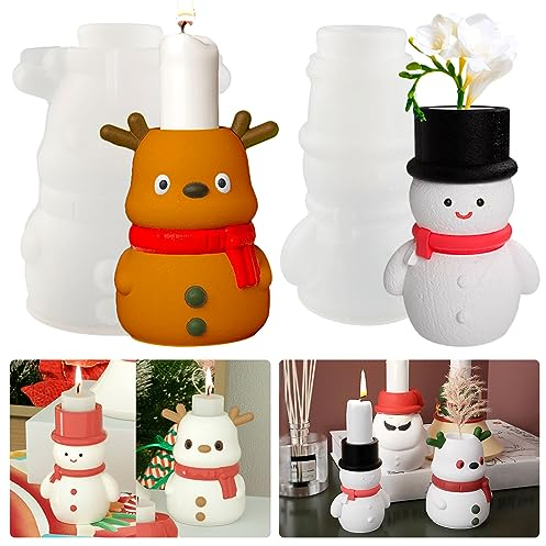 2 Stück Silikonform Weihnachten Kerzenhalter Silikonform Schneemann Gießform Elch Harz Gussform Silikon 3D Kerzenform Weihnachten Elch Silikonformen Epoxidharz Kerzenhalter Stabkerzen Gießform