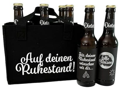 Bierträger | Auf deinen Ruhestand | Geschenk | Rente | Personalisierte Bierlabels mit Rubbellos | Aufkleber | Etiketten (Flaschenträger und Komplett-Set ohne Rubbelsticker)