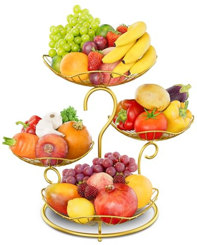 PouHenier.jh 4 Etagere Große Obstschale und Gemüsekorb für Küchenarbeitsplatte, Gestufter Metall Obsthalter und Gemüsekorb, Modern Verstellbares und Stabiles Obstkorb für Obst Aufbewahrung (Gold)