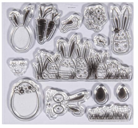 Rayher Clear Stamps „Hasenfamilie“, Bogengröße 102,5 x 97 mm, 13 Motive, transparente Stempel Ostern, durchsichtige, klare Silikonstempel, 50289000
