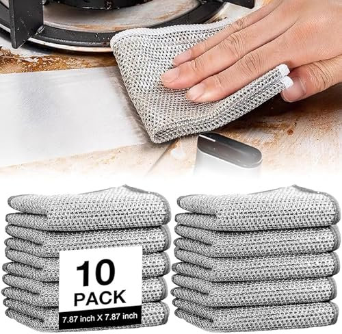 TiGilt Lot de 10 chiffons de nettoyage en fil métallique anti-rayures pour un nettoyage facile - Pour une utilisation humide et sèche - Pour les taches tenaces - Résistant aux rayures - Chiffon de