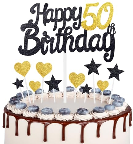 Gold Black 50th Birthday Cake Topper, Girls 50th Birthday Decorations, Gold Heart Stars Cake Toppers, Personalised Happy Birthday Cake Cupcake Toppers for Women Men Girls Boys Birthday Party