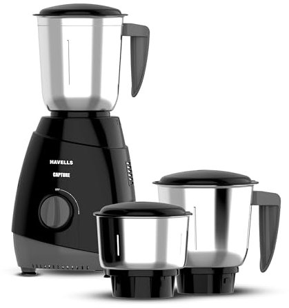 Havells Capture - Macinino miscelatore da 500 W, 3 barattoli in acciaio inox, motore ad alta velocità da 21000 giri/min, lame 304 SS resistenti alla ruggine, barattolo grande da 1,5 l, protezione