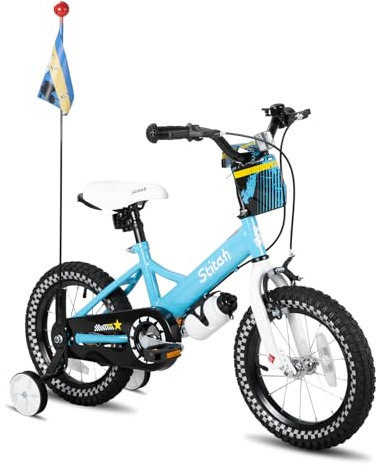STITCH Little Rock 16 Zoll Kinderfahrrad für 4-7 Jahre Kinder Fahrrad, Jungen Fahrrad mit Stützrädern mit Korb & Bike Streamers