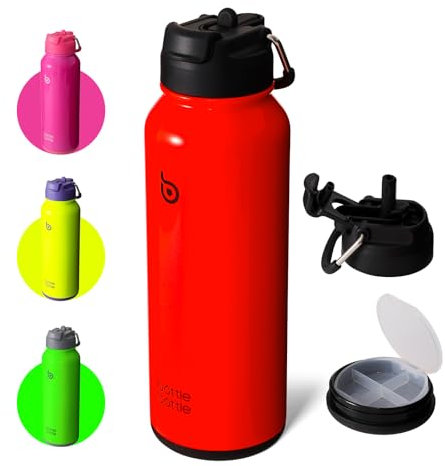 BOTTLE BOTTLE 40 oz Sports Water Bottle, Stainless Steel, Insulated, 1183 ml, Dual-use Lid, Pill Box, 147.7 in³, Neon Red