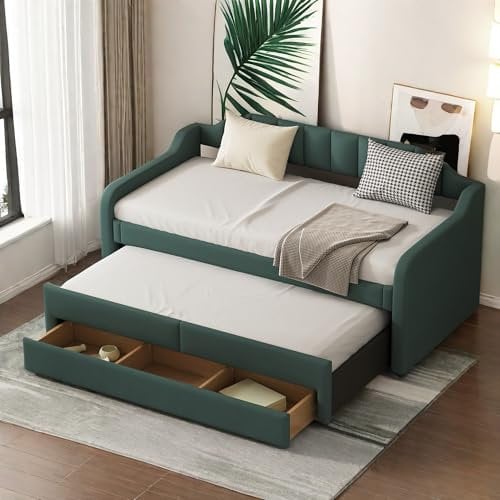 Cayipng Sofá cama de 90 x 200 cm, sofá cama de matrimonio transformable, canapé convertible, cama individual acolchada con contenedor deslizante, verde (sin colchón)