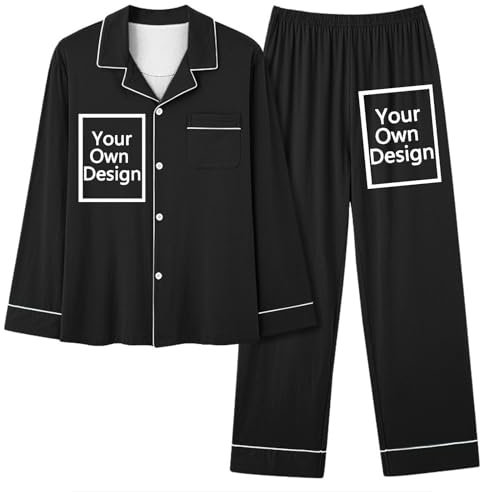 Your Own Design Custom Pajama Womens Printed Pajama Set Long Sleeve Top Lapel Neck (1 Top + 1 Pants) Personalised Pajama with Any Text/Logo Customised pajama for Women/Men/Couples