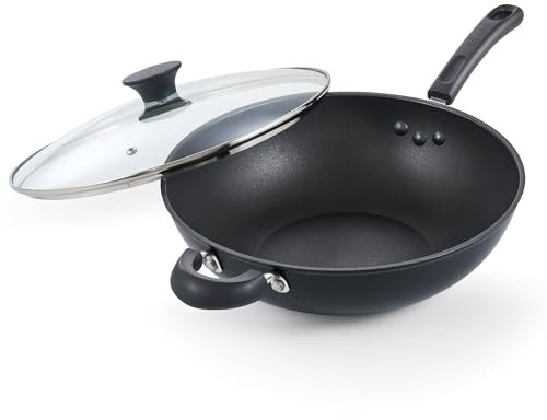 Cook N Home Wok antiadherente anodizado duro con tapa de 12 pulgadas, sartén antiadherente, sartén de fondo plano, utensilios de cocina de inducción, color negro