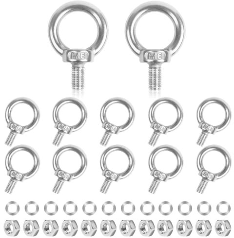 Ringschraube M6, 12 Stück Augenschraube 304 Edelstahl mit Muttern und Unterlegscheiben Ösenschraube Rostfrei Hardware Ringschrauben für Rolle Des Befestigens Und Hängens