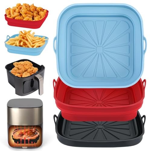 Alyvisun Molde Silicona Freidora de Aire, 3 Piezas Bandeja Moldes Air Fryer Reutilizable Recipientes Cuadrado Cesta Utensilios para Freidora sin Aceite, Microondas, Horno (Rojo+Negro+Azul Cielo)