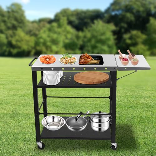 Chariot de barbecue avec table d'appoint pliable - 80 x 50 x 83 cm - Table de barbecue d'extérieur - Chariot de service avec roulettes - Table de préparation de cuisson pour barbecue, camping, jardin,