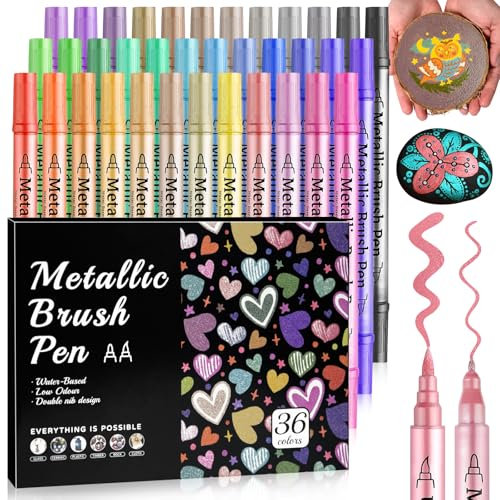 Metallic Acrylic Paint Pens, 36 Colours Dual Tip Metallic Marker Pens, Acrylic Pen for Rock Painting, Ceramic, Wood, Fabric, Black Paper, Art Pen Set for Kids Adults on Easter Christmas