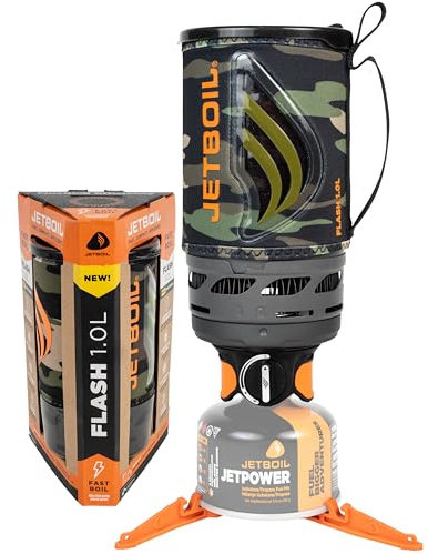 Jetboil Flash Réchaud portable à ébullition rapide de 1 L pour camping et randonnée avec allumage automatique en 1 étape, brûleur au propane/isobutane avec tasse de cuisson, camouflage foncé