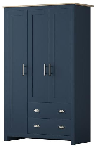 Nera 3 Door Wardrobe with Drawers Shelves and Hanging Rail Tall Wardrobes for Bedrooms Storage (Navy on Oak)