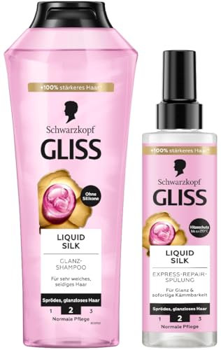Gliss Shampoo (400 ml) & Express-Repair-Spülung (200 ml) Liquid Silk mit Ceramiden & Seide, Glanz-Shampoo für sprödes und stumpfes Haar, Pflegespülung mit Hitzeschutz bis zu 230 °C