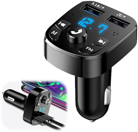 Transmisor FM Bluetooth 5.0, Manos Libres Inalámbrico Reproductor MP3 Coche, Puertos USB Duales 5V/3.1A Carga Rápid, Adaptador Radio Bluetooth, Soporte Unidad Flash USB
